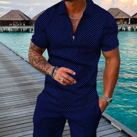 Men's Summer Fashion 3D Printed Short Sleeve Geometric Zip Lapel Shirt Set Product information: Material:Polyester Fiber (Polyester) Style:hip hop Features:printing Colour:blue Size Information: Size: S/M/L/XL/XXL/3XL/4XL/5XL Note: 1. Asian sizes are 1 to