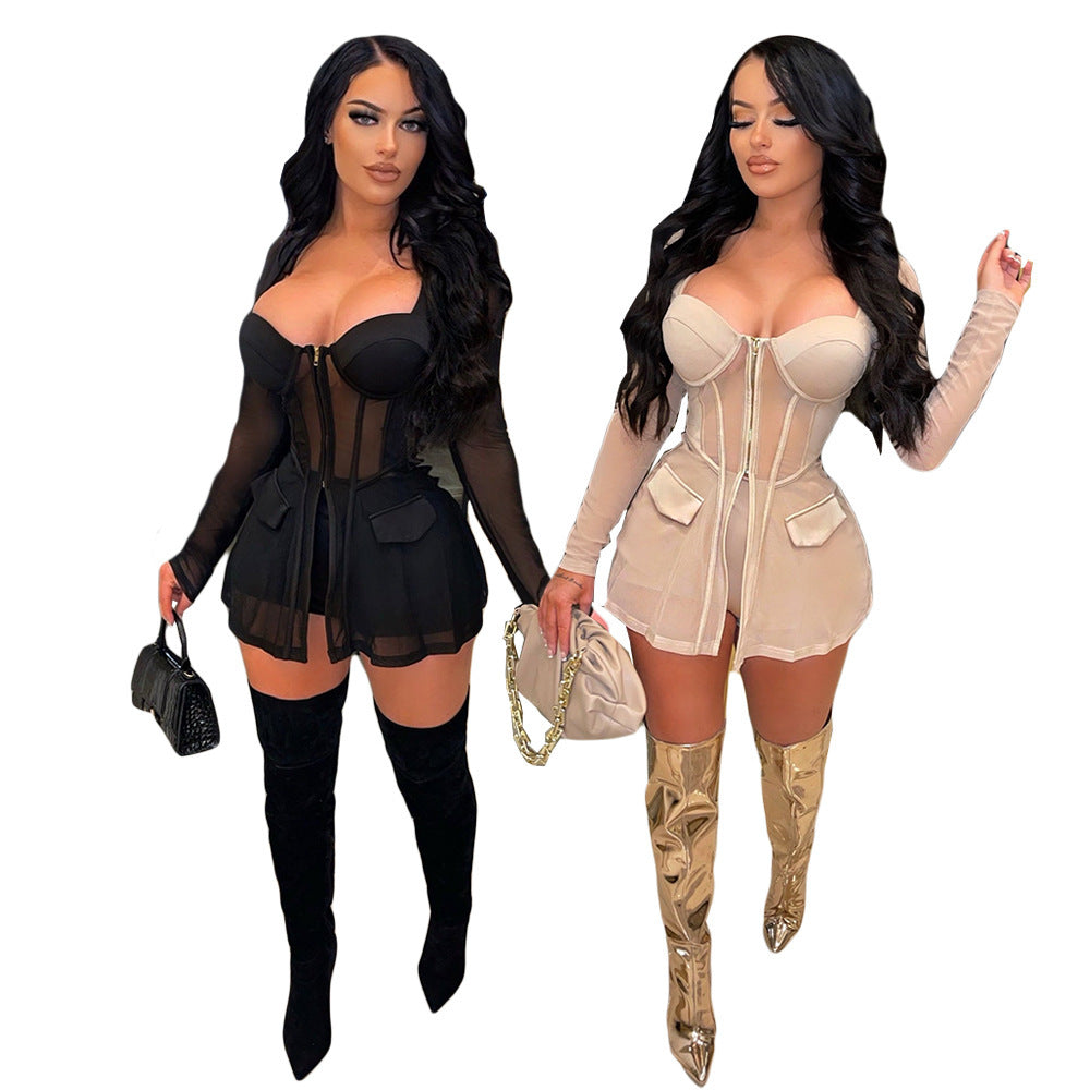 Gauze Mesh Sheer Two Piece Sportswear Women Beachwear Zip Top Black Shorts Set Product information: Style: sexy Pattern: plain Style: two-piece set Top style: lace shirt Fabric name: polyester Color: black, flesh color Size:S,M,L,XL Suitable age: 18-24 ye