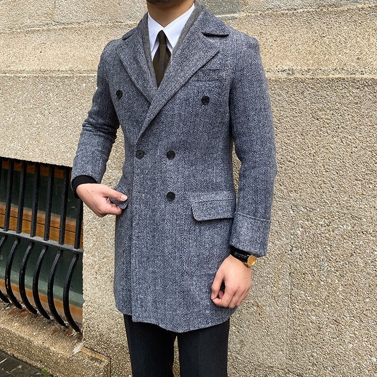 Daily Double Row Mid-length Tweed Coat Men Product information: Material: Tweed Style: Fashion City Colour: Grey Size Information: Size:M L XL 2XL Size/CM Lenght Bust Shoulder Sleeve M 87.5 104 46.5 60 L 89.5 108 47.5 61 XL 91.5 112 48.5 62 XXL 92.5 116 4