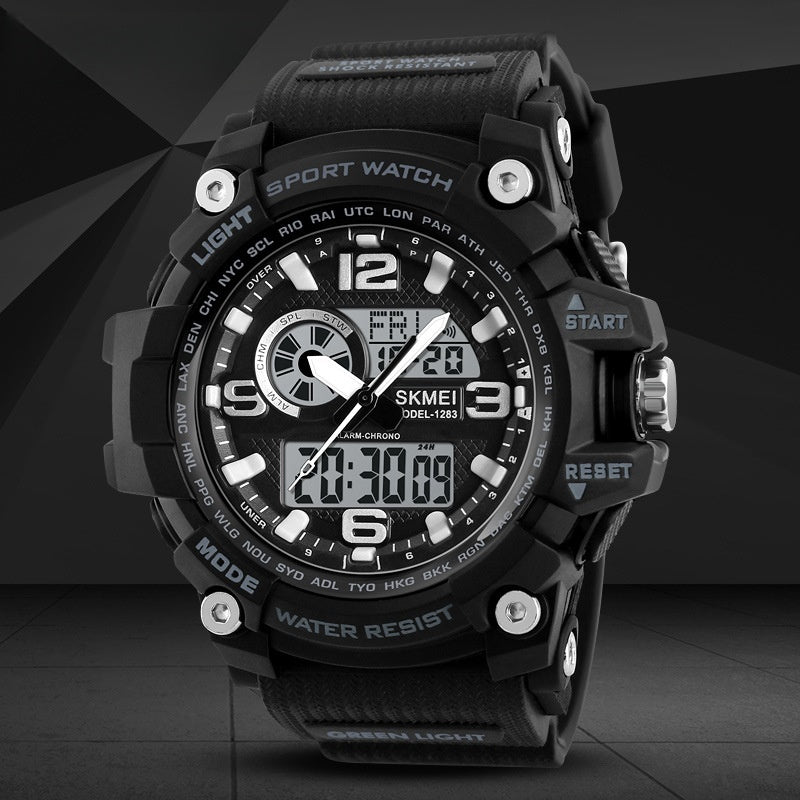 Sports Waterproof Electronic Watch Multifunctional Men Product information: Color: Black, Blue Circle black belt, red circle black belt, Army Green, khaki Applicable people: Adults Watchcase material: Plastic Strap material: Silicone Mirror material: orga