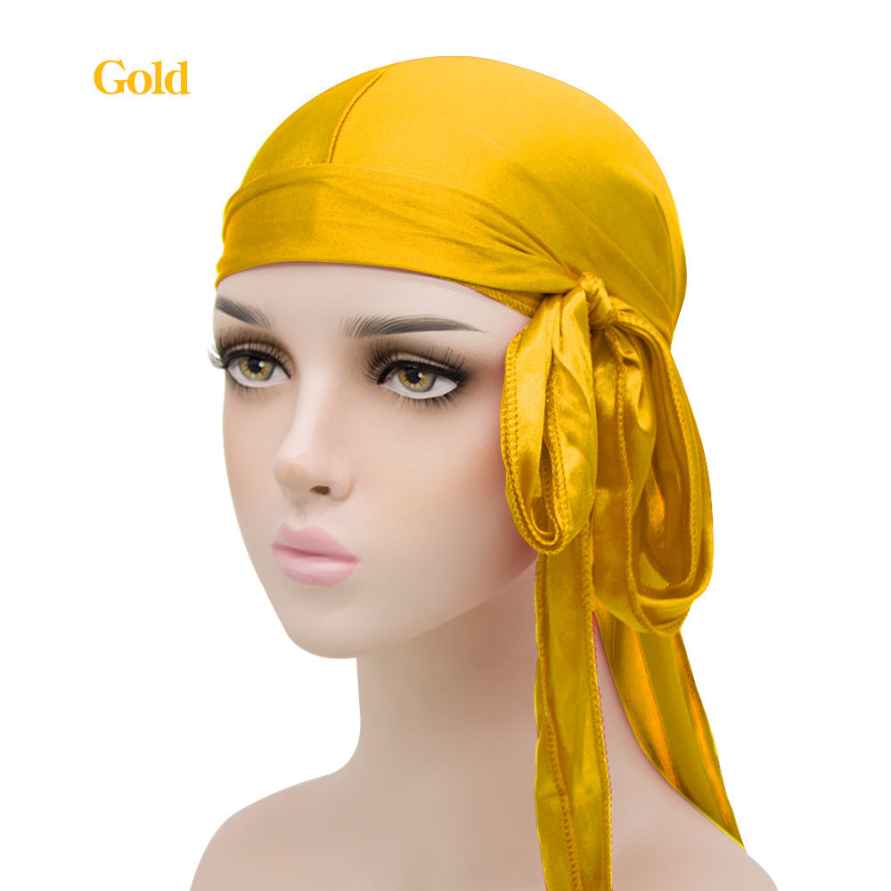 Imitation Silk Long Tail Turban Hat Silk Pirate Hat Product information: Product category: pirate hat Applicable gender: neutral/male and female Material: artificial silk Style: all-match Knitting method: warp knitting Processing method: jacquard Popular