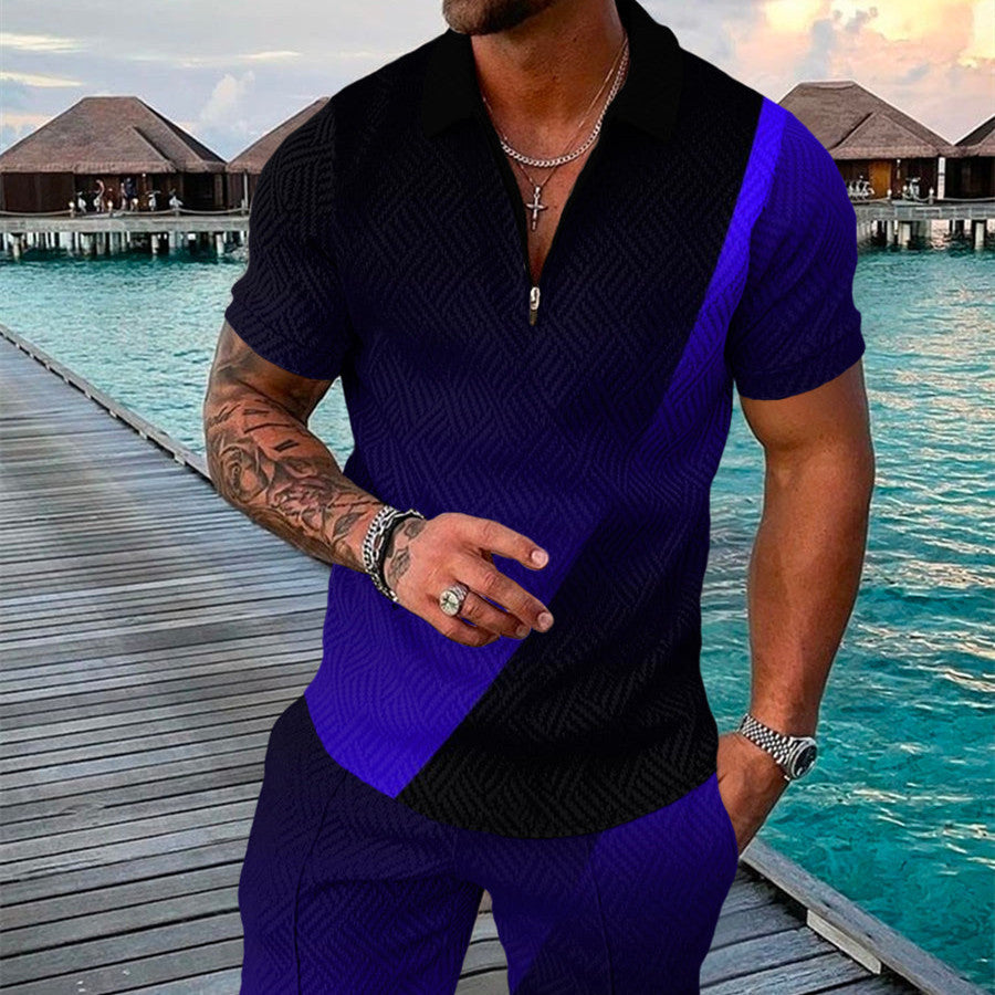 Men's Summer Fashion 3D Printed Short Sleeve Geometric Zip Lapel Shirt Set Product information: Material:Polyester Fiber (Polyester) Style:hip hop Features:printing Colour: Black blue Size Information: Size: S/M/L/XL/XXL/3XL/4XL/5XL Note: 1. Asian sizes a