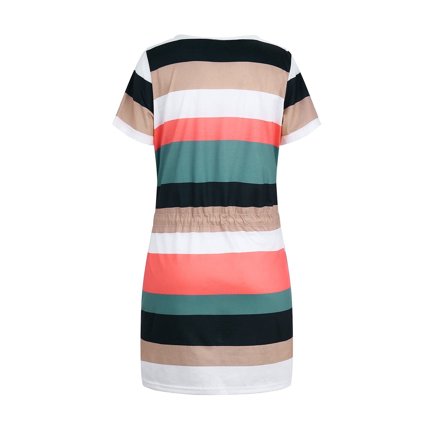 Striped Print Short-sleeved Dresses Summer Fashion V-neck Drawstring Design Short Dress Beach Womens Clothing Product information: Material:Polyester+Cotton Style:Fashion Simple Features:Solid color Color:picture color Size Information: Note: 1. Asian siz