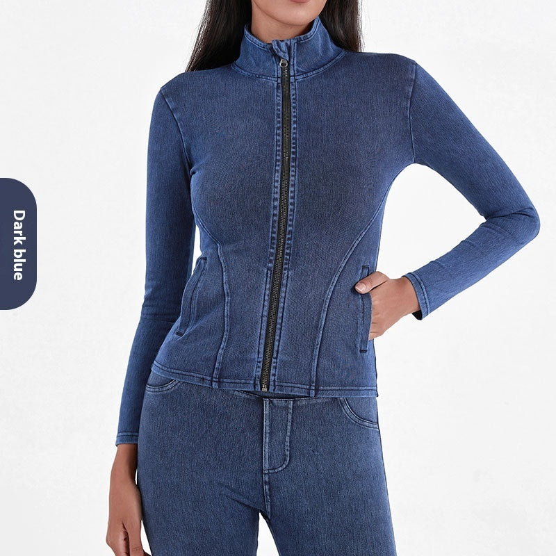 Slim Zippered Yoga Denim Jacket With Pockets High Collar Sports Fitness Outerwear Tops Coat For Women Clothing Product information: Fabric Name: Denim Yoga Fabric Fabric composition: Polyester fiber (polyester) Fabric composition content: 50 (%) Material