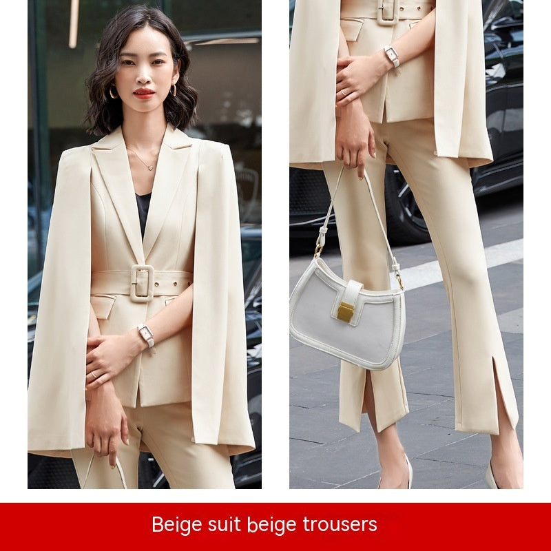 Cloak Suit Female Fashion Two-piece Suit Product information: Fabric name: Polyester Fiber Color: black suit, red suit, beige suit, black suit pants, red suit pants, beige suit pants Sleeve type: Flight sleeve Pants length: cropped pants Main fabric compo