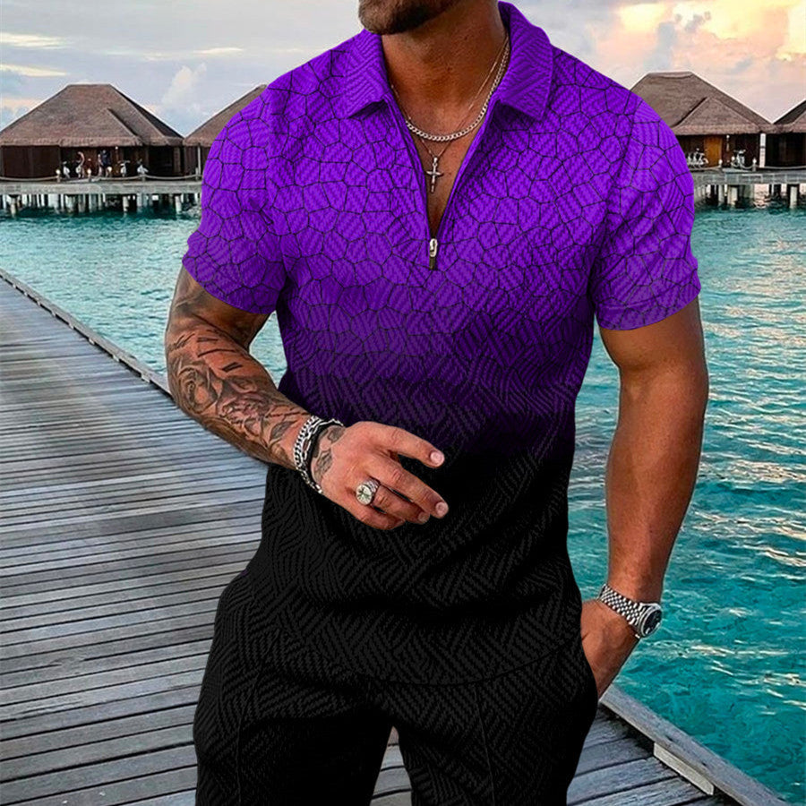 Men's Summer Fashion 3D Printed Short Sleeve Geometric Zip Lapel Shirt Set Product information: Material:Polyester Fiber (Polyester) Style:hip hop Features:printing Colour: purple Size Information: Size: S/M/L/XL/XXL/3XL/4XL/5XL Note: 1. Asian sizes are 1