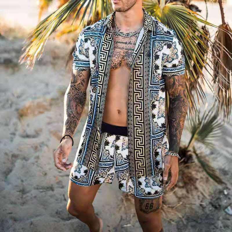 Summer Men Hawaiian Sets Printed Breathable Lapel Short Sleeve Shirtelastic Waist Beach Shorts Streetwear Casual Men Sets 2 Piec Product information: Thickness: General Trousers shorts Top style coat Top sleeve length short sleeve Whether it is hooded or