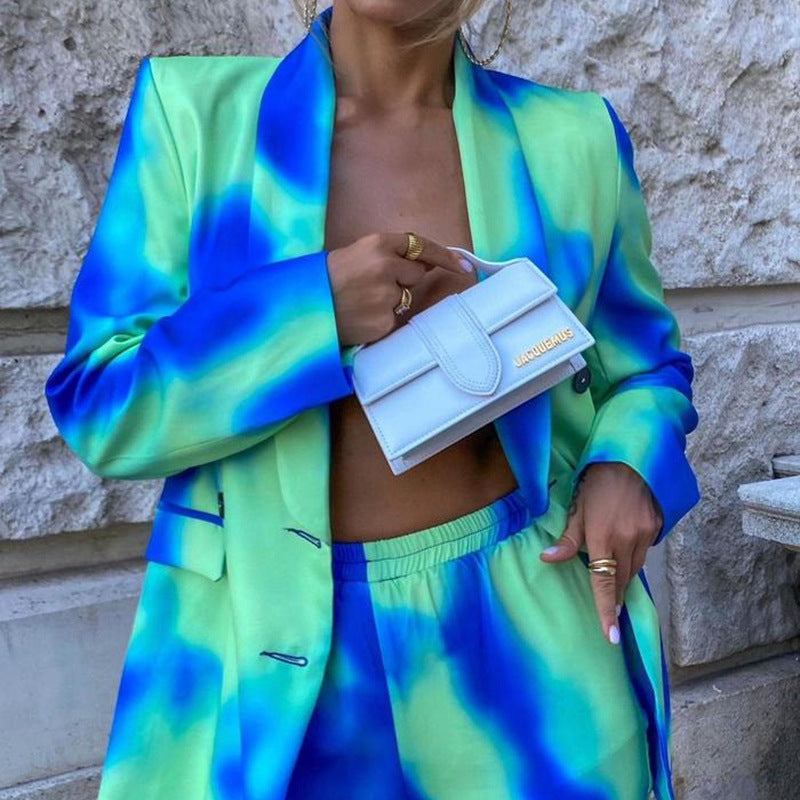 Printed Jacket Suit Casual Suit Product information: Style: OL commuting Pattern: Printing Style: pants suit Top style: coat Top sleeve length: long sleeve Pants style: pencil pants Length: trousers Popular elements: printing Process: Printing/Dyeing Fabr
