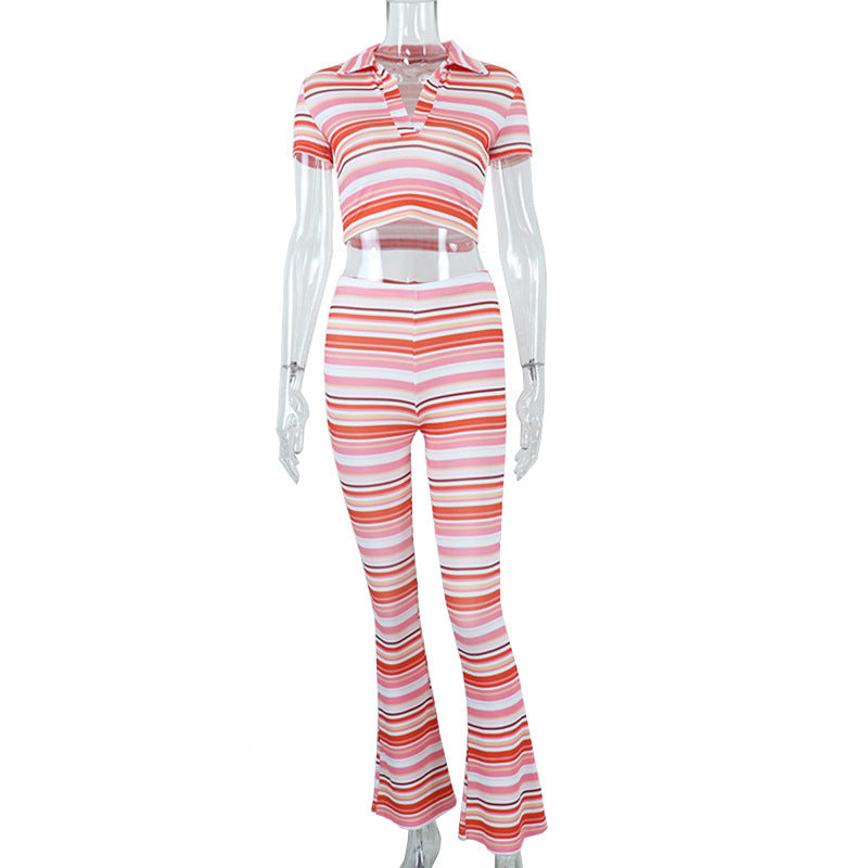 Women's Short T-shirt And Trousers Two-piece Set Product information: Pattern: Stripes Length: trousers Main fabric composition: polyester fiber (polyester) Color: pink milk silk, pink rib Size Information: Size: S,M,L Unit:CM Note: 1. Asian sizes are 1 t
