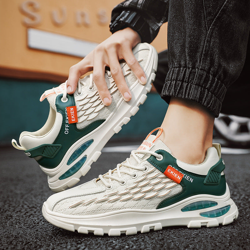 Men's Casual Sports Fish Scale Flying Woven Running Shoes Specification: Upper material: PU + flying woven Sole Material: Rubber How to wear: Front tie Popular elements: car suture Cortical features: cowhide Heel shape: chunky heel Inner material: mesh Op