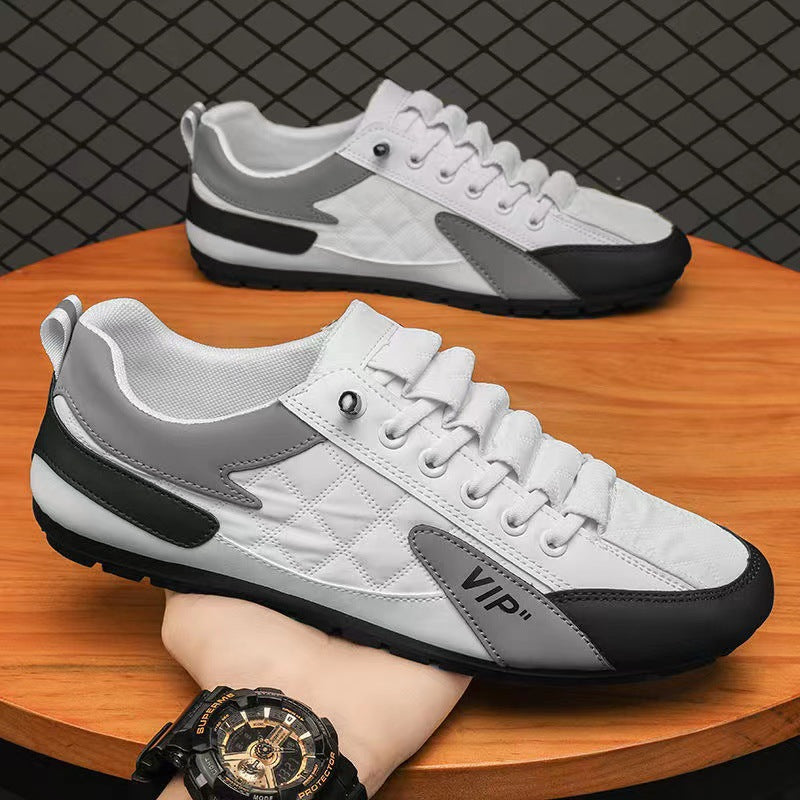 Men's Trendy All Match Low Top Sneakers Product Details: Product Category: Peas Shoes Opening depth: shallow mouth (below 7cm) Popular elements: car suture Applicable gender: male Pattern: color matching Upper material: cloth Toe shape: round toe Heel hei