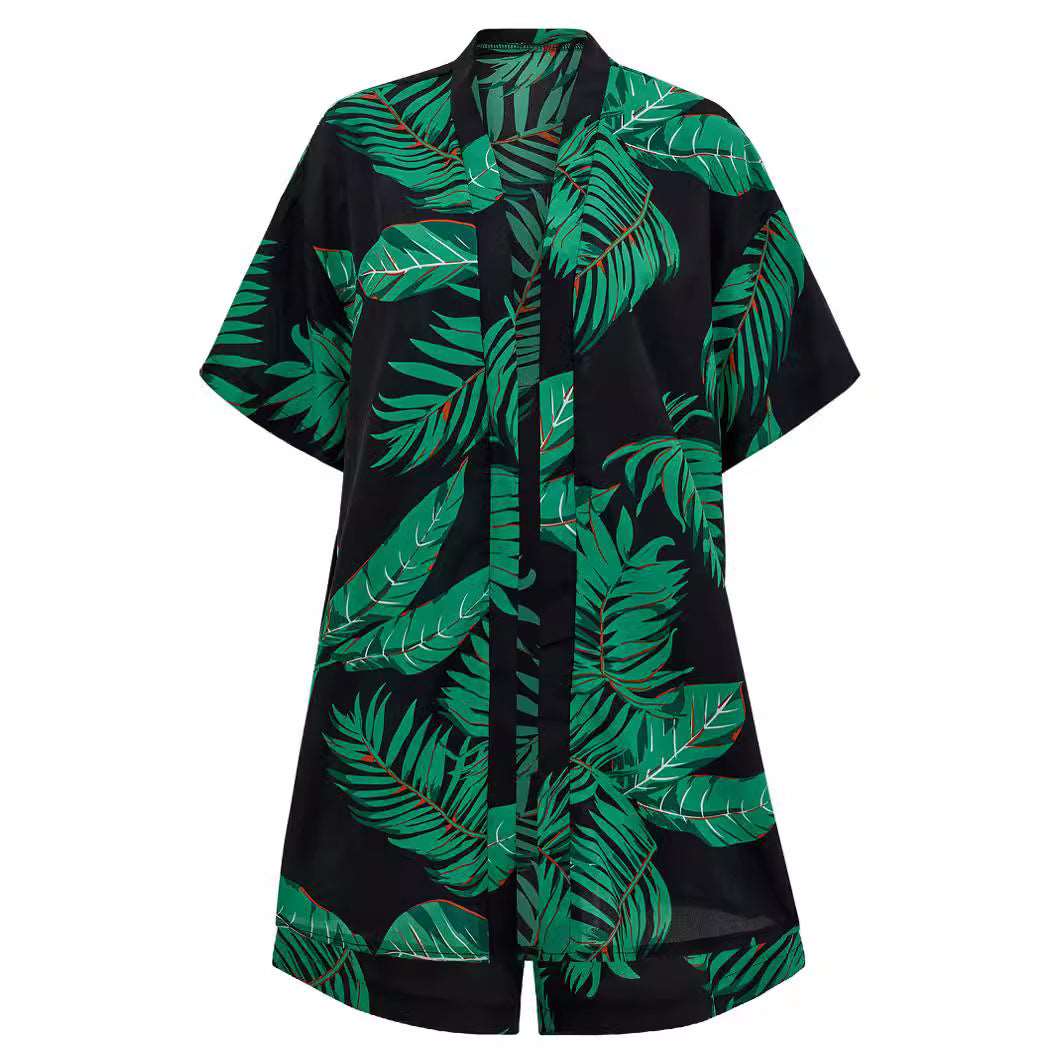 2pcs Casual Holiday Leaves Print Suit Summer Short Sleeve Shirt Top And Drawstring Shorts Sets For Womens Clothing Product information: Material:Polyester Size Information: Note: 1. Asian sizes are 1 to 2 sizes smaller than European and American people. C