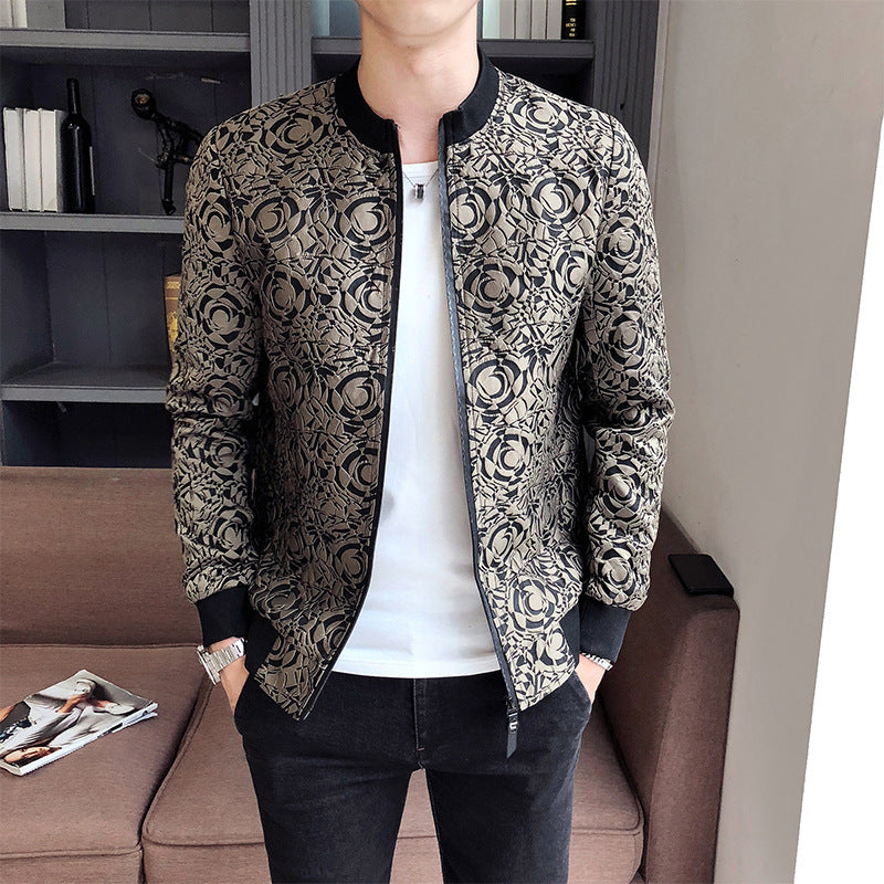 Spring And Autumn Fashion Pattern Stand Collar Jacket Men Product information: Product Category: Jacket Collar type: stand-up collar Edition type: Slim type Placket: zipper Pattern: Pattern Fabric name: polyester fiber Main fabric composition: polyester f