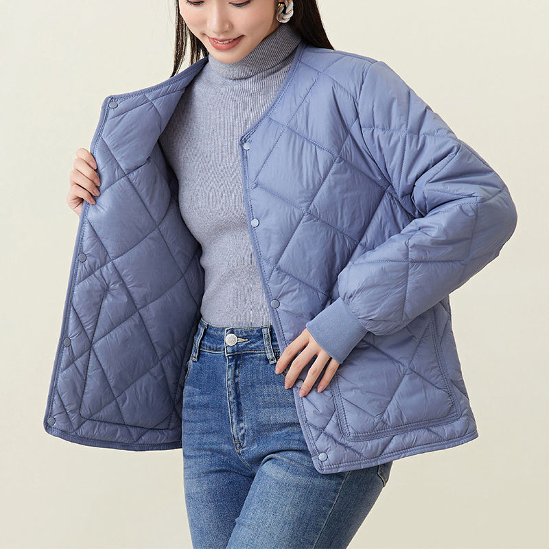 New Rhombus Sewing Cotton Coat Winter Warm Round-neck Jacket With Pockets Lightweight Outerwear For Women's Clothing Product information: Filler: Imitation silk sponge Fabric name: Nylon Main Fabric Composition: Nylon+Polyester Fiber (Polyester) Sleeve le