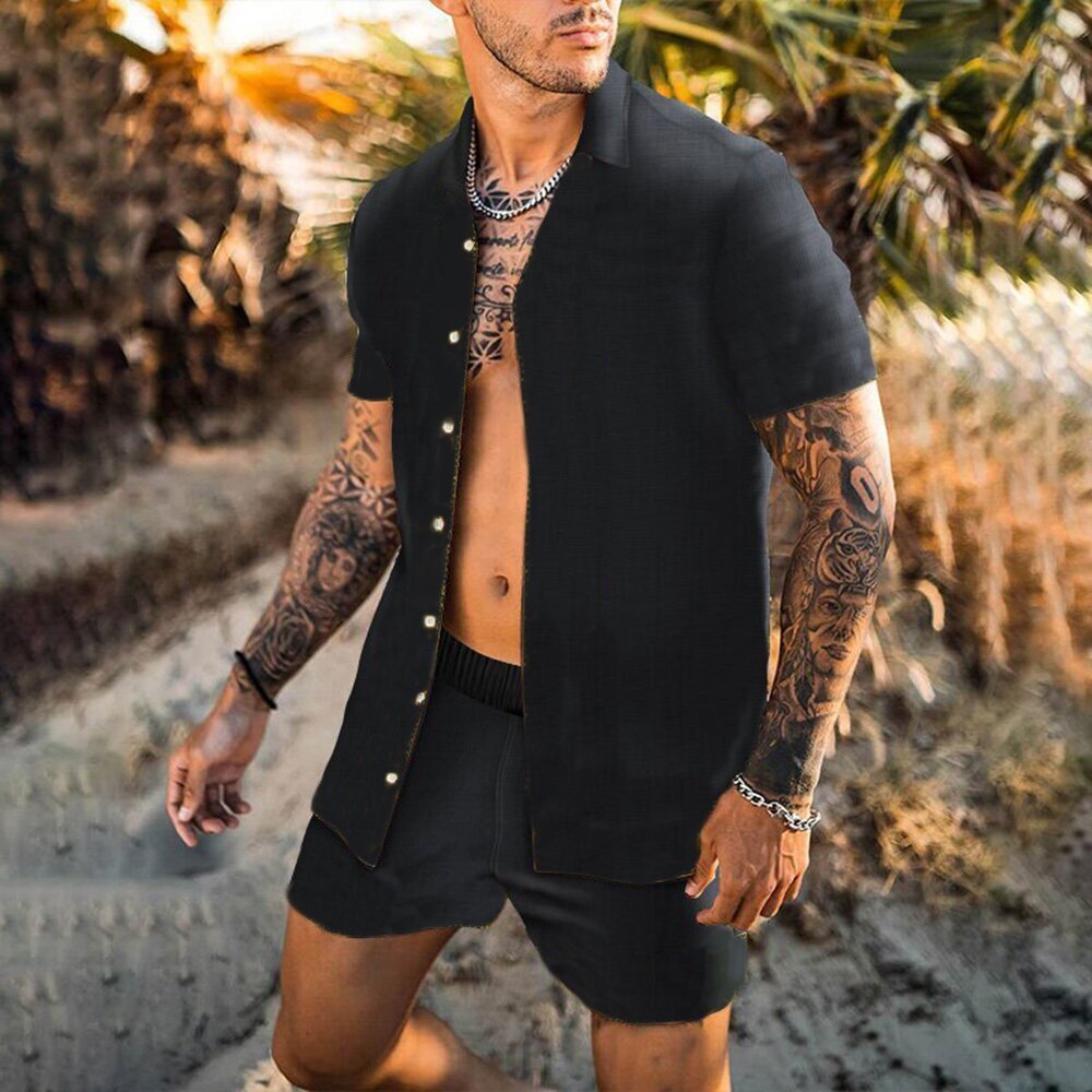 Loose Shirt Casual Men's Shorts Short Sleeve Suit Product information: Material:Polyester Fiber (Polyester) Style:Hong Kong style Features:printing Colour:black Size Information: Size: S/M/L/XL/XXL/3XL Note: 1. Asian sizes are 1 to 2 sizes smaller than Eu