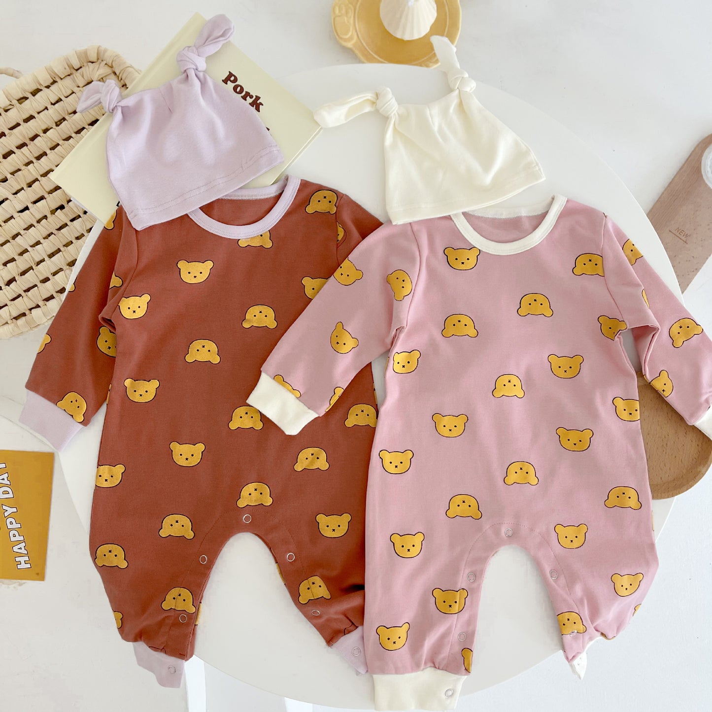 Little Bear Cotton Long-sleeved Newborn Baby Jumpsuit Product information: Material: cotton Style: Korean/Wild/Cute Featur s: Hidden button Colour: Brown, pink, send hat Size Information: 66cm, 73CM, 80cm, 90cm, 100cm Size Lenght Bust Shoulder Sleeve 66 5