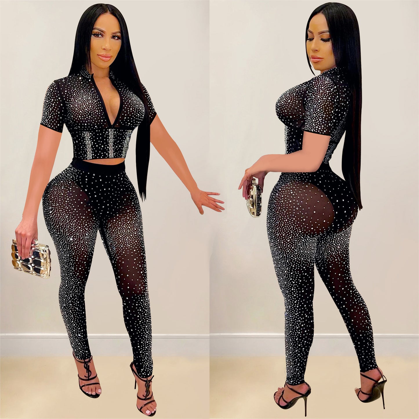 Women's Pure Color Mesh Rhinestone Short Sleeve Trousers Two-piece Set Product information: Pant length: Long pants Fabric name: Korean Net Main Fabric Composition: Polyester Main fabric component 2: spandex Colors: black, blue, red, rose red, white Size: