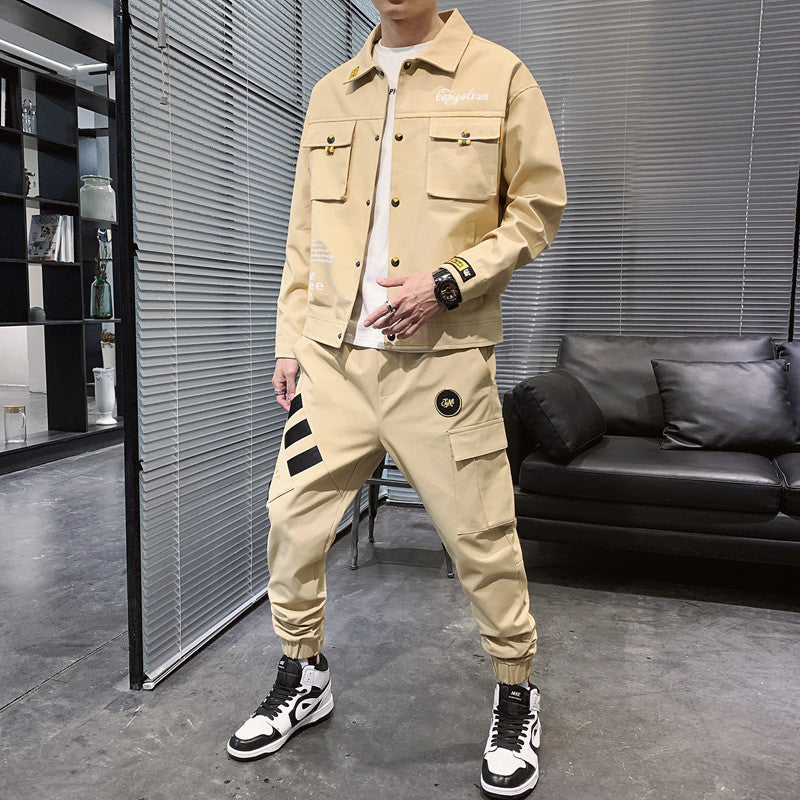 Workwear Jacket Suit Men's Spring And Autumn New Casual Two-piece Product Information: Style: Korean Thickness: General Pants length: Nine pants Top style: coat Top sleeve length: long sleeve Whether hooded: not hooded Fabric name: Cotton Size Information