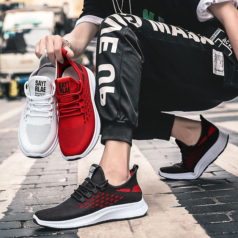 Korean Style Flying Woven Sports Men's Shoes Breathable Product Information: Pattern: grid Upper material: microfiber Sole material: plastic Applicable sports: general Wearing style: front tie Popular elements: hollow, stitching, cross straps Heel shape: