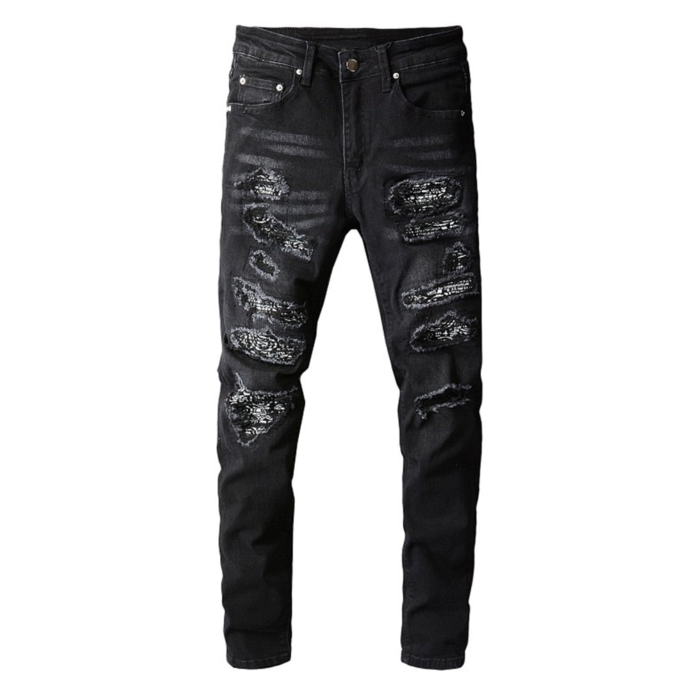 Black Bandanna Ripped Jeans Elevate your street style with our Black Bandanna Ripped Jeans. These edgy and on-trend jeans feature a unique twist with bandanna-inspired patches and distressed detailing. Crafted for comfort and style, they make a bold fashi