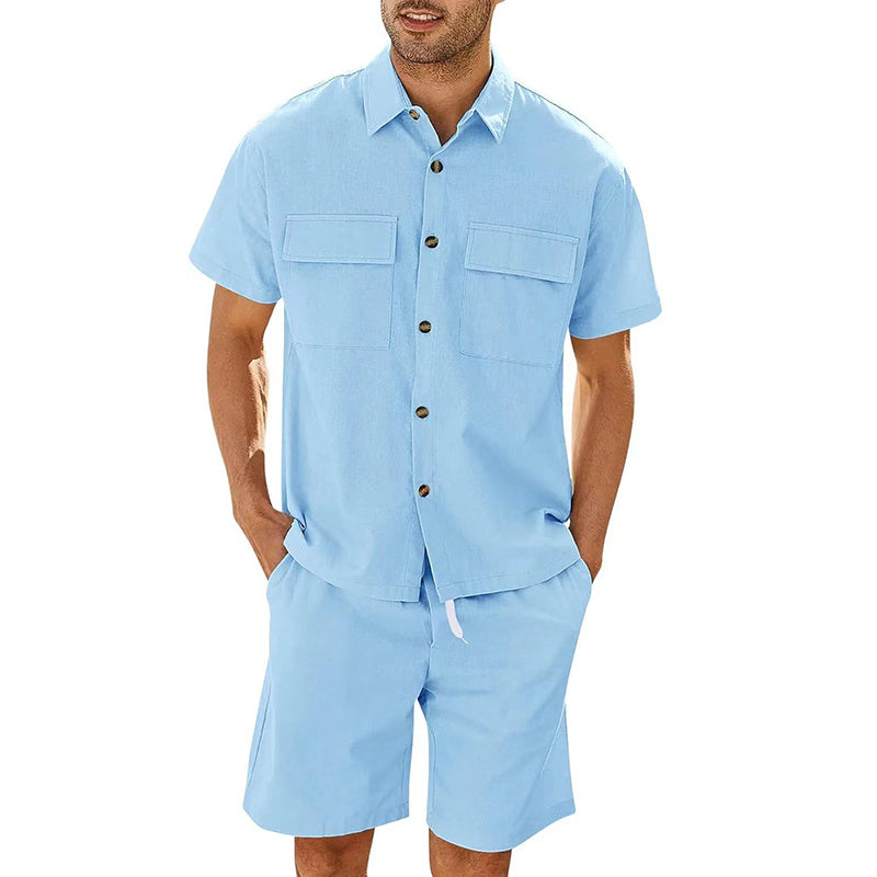 Summer Suits Men Short Sleeve Lapel Pockets Shirt And Drawstring Shorts Sports Fashion Leisure Men's Clothing Overview: Unique design, stylish and beautiful. Good material, comfortable wear. A variety of colors, any choice. Product information: Color: whi