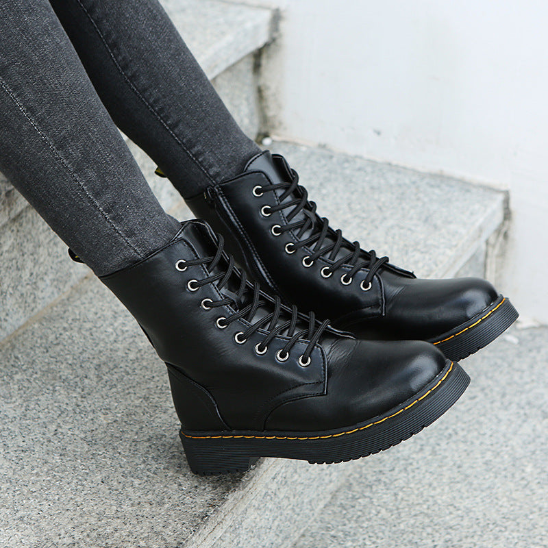 Fashion Lace-up Boots For Women Autumn And Winter Black White Zipper Mid-calf Boots Elegant Low Heel Shoes Product information: Upper material: artificial PU Sole material: rubber Applicable gender: female Insole material: PU Inner material: faux leather