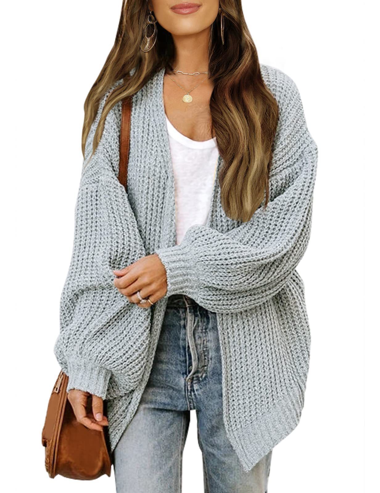Fashion Lantern-sleeved Sweater With Pockets Casual Loose Solid Knit Cardigan Autumn Tops Womens Clothing Product Information: Fabric name: Acrylic Main Fabric Component: Acrylic Main Fabric Component 2: Polyester Fiber Solid color pattern Thickness: Thic