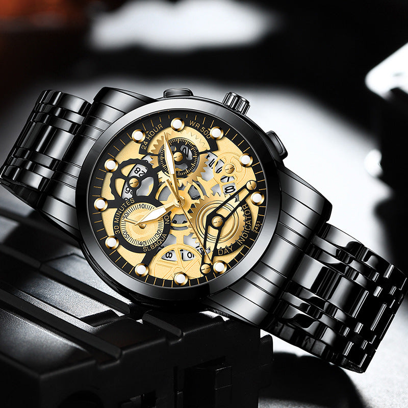 Men's Hollow Non-mechanical Business Watch Product information: Special functions: decoration, calendar Mirror material: mineral reinforced glass mirror Buckle material: stainless steel Band material: stainless steel Case material: metal Dial diameter: 41