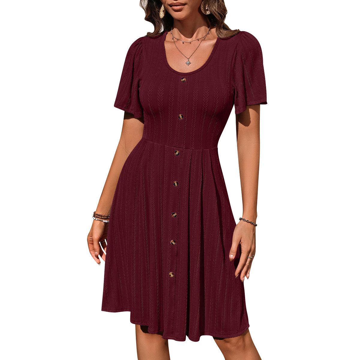 Summer U-neck Short-sleeved Dress With Button Design Fashion Casual Solid Color Holiday Dress For Womens Clothing Product information: Material:95%Polyester + 5%Spandex Style:Fashion Simple Features:Solid color Color:picture color Size Information: Note: