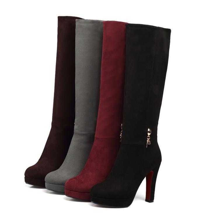 Block Heel Zip Solid Suede Tall Boots Overview: Unique design, stylish and beautiful. Good material, comfortable feet. A variety of colors, any choice. Specification: Upper material: suede Sole Material: Rubber Heel height: super high heel (above 8CM) How