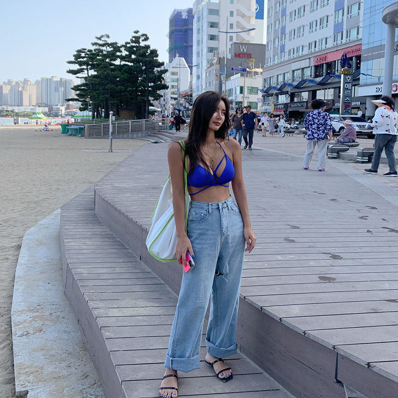 High Waist Bikini New Hot Spring Swimming Outfit Product information: Pattern style: solid color, high waist, sexy, tight, small and fresh, conservative Whether with steel tow: with steel support with chest pad Fabric name: polyester Fabric composition: n