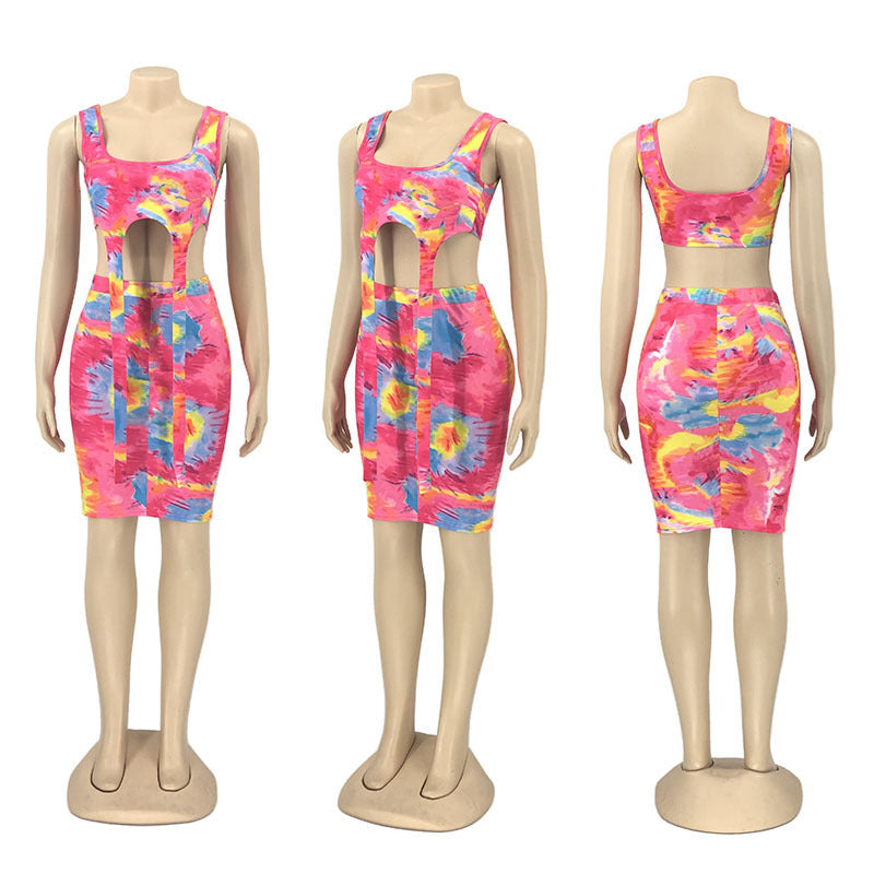 Printed Tie-dye Casual Skirt Outfit Vest Two-piece Set Product information: Color: Colorful, purplish red Size: S,m,l,xl,xxl Style type: Urban leisure Lining composition: Polyester fiber Style: Skirt suit Fabric name: Milk silk single-sided sanding Jacket