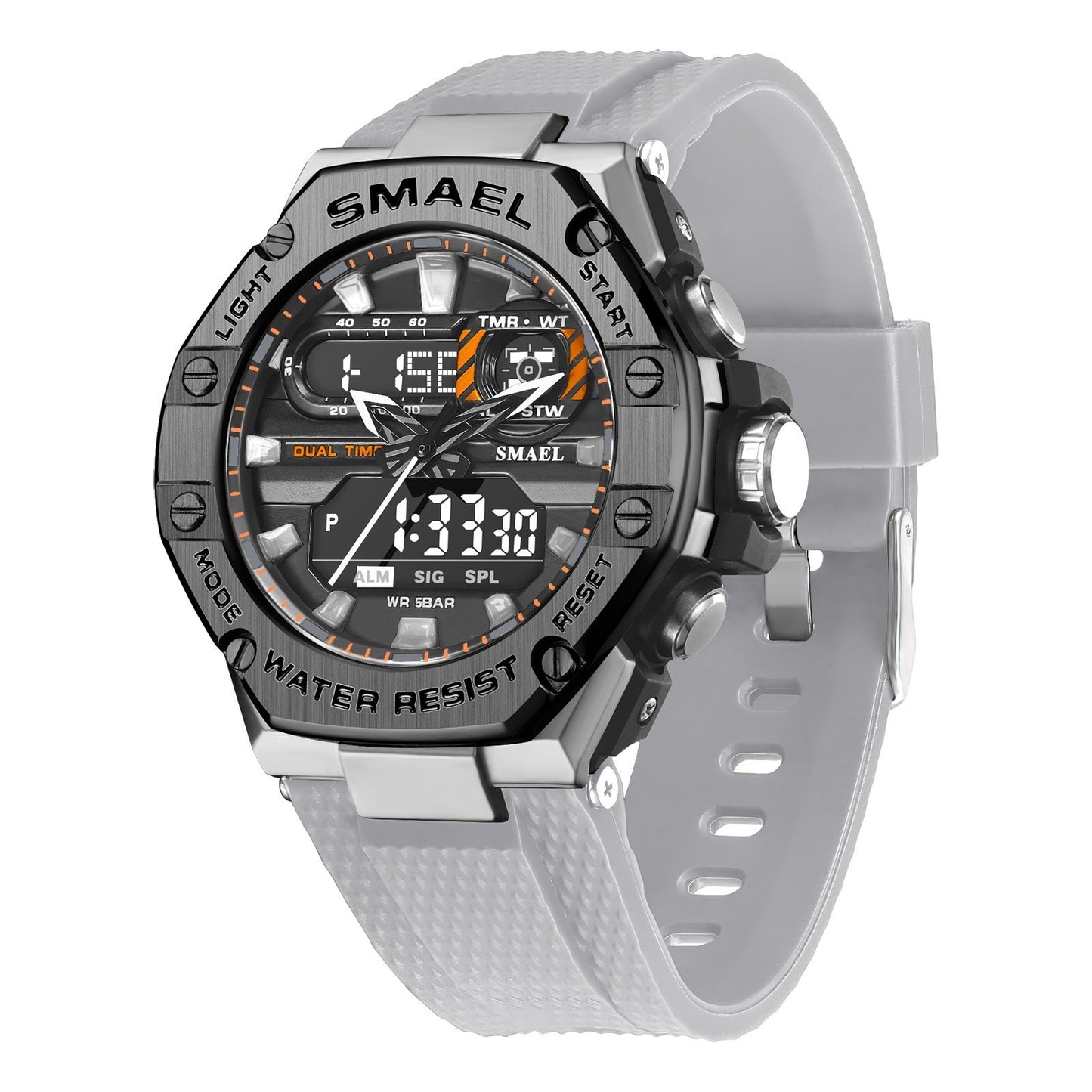 Digital Alloy Electronic Watch Men Product information: Waterproof: 50M waterproof Case Material: Alloy Mirror Material: Acrylic Movement type quartz+electronic Dial diameter: 47mm Wearing range: 140mm -230mm Dial width: 55mm Dial thickness: 24mm Watch st