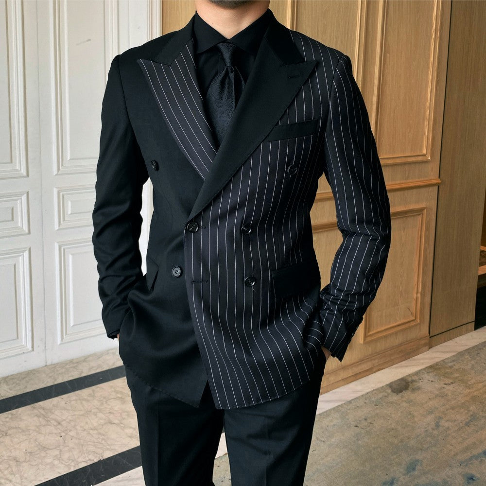 Striped Double Breasted Blazer Men Fashion Tailored Suit Product information: Material composition: polyethylene terephthalate (polyester) 70% viscose fiber (viscose) 28% polycarbaminate fiber (spandex) 2% Collar width: regular collar type (collar width 7