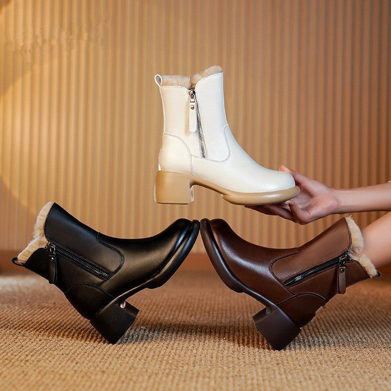 Winter New Rabbit Fur Warm Snow Boots Women's Chunky Heel Side Zip Women's Ankle Boots Product information: Pattern: solid color Lining material: imitation leather Color: Milky White, black, brown Heel height: mid heel (3-5CM) Heel shape: short stout heel