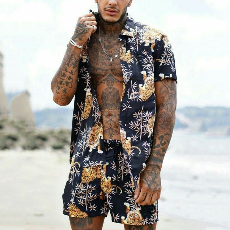 Loose Shirt Casual Men's Shorts Short Sleeve Suit Product information: Material:Polyester Fiber (Polyester) Style:Hong Kong style Features:printing Colour:Black Size Information: Size: S/M/L/XL/XXL/3XL Note: 1. Asian sizes are 1 to 2 sizes smaller than Eu