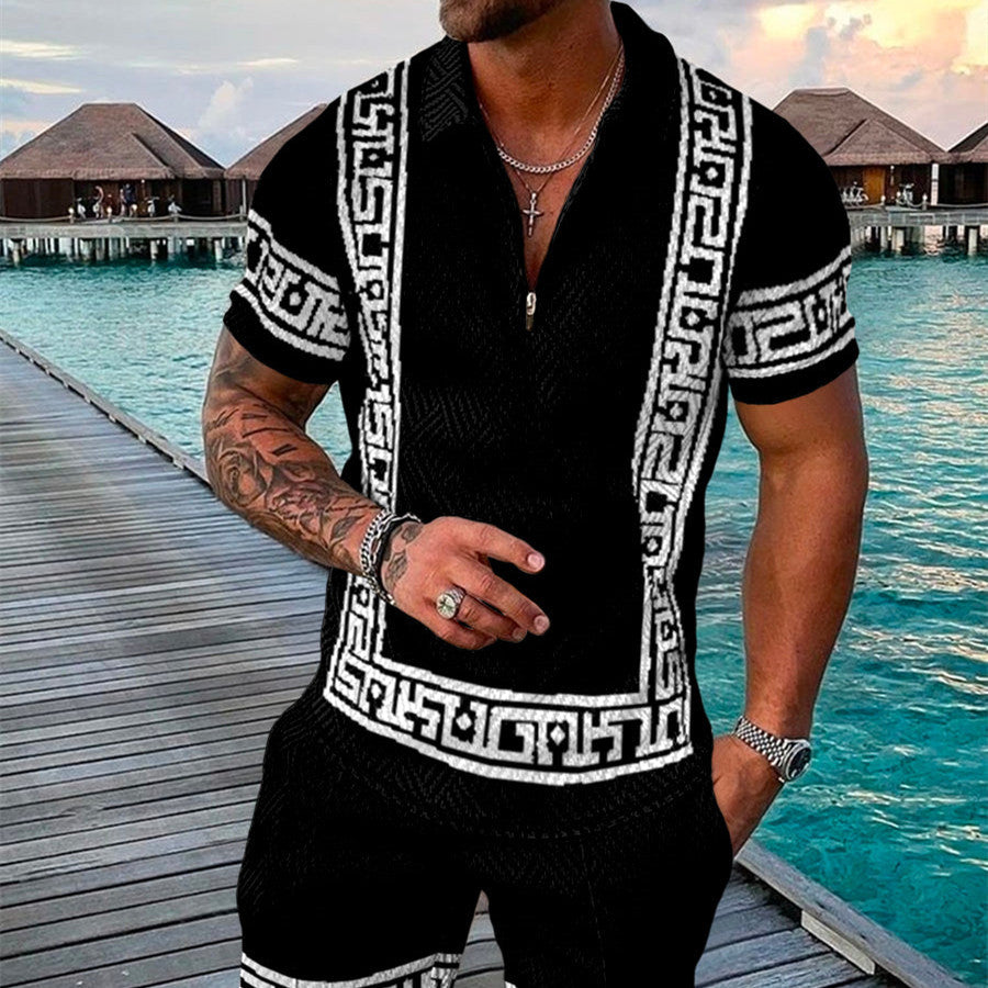 Men's Summer Fashion 3D Printed Short Sleeve Geometric Zip Lapel Shirt Set Product information: Material:Polyester Fiber (Polyester) Style:hip hop Features:printing Colour:black Size Information: Size: S/M/L/XL/XXL/3XL/4XL/5XL Note: 1. Asian sizes are 1 t