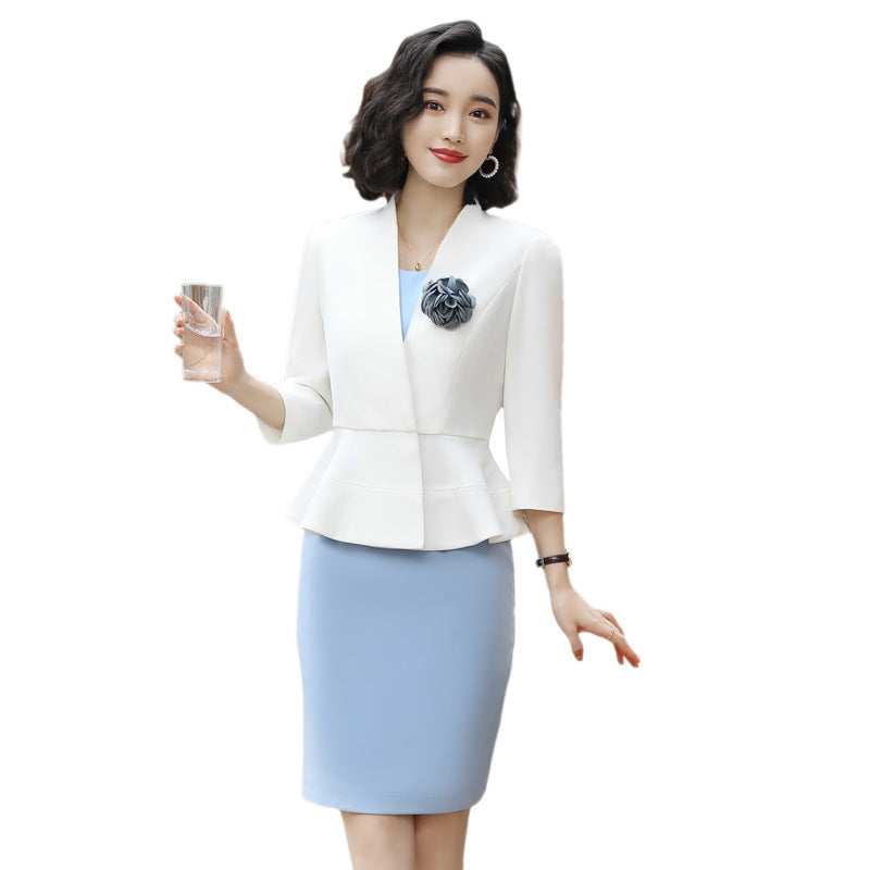 DRESSFashion Women's 2-piece Suit, Professional Suit Product information: Style: OL commuting pattern: plain Style: skirt suit Top style: coat Skirt length: mid-length skirt Fabric name: polyester fiber Main fabric composition: polyester fiber (polyester)