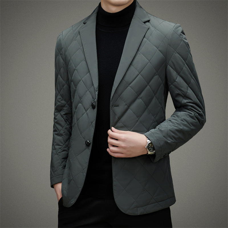 Duck Down Suit Short Business Casual Jacket Men Product information: Pattern: solid color Color: black, gray green, light gray Suitable for people: middle-aged Size: 170,175,180,185,190,195 Version: Loose Lining composition: Polyester Fiber (polyester) Li