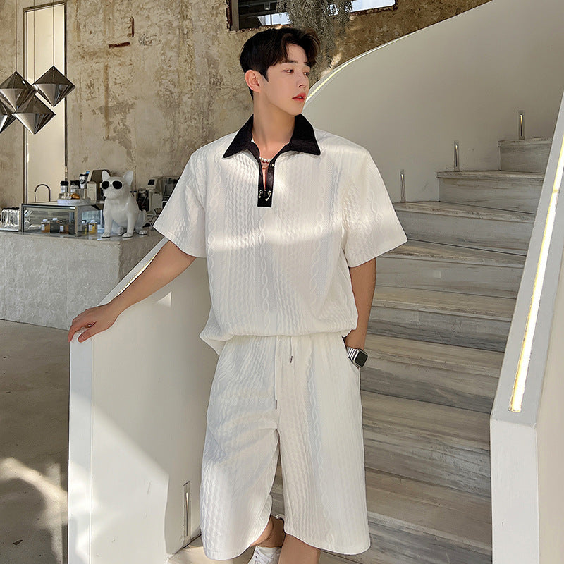 Men's Braided Embossed Lapel Short Sleeve Shorts Set Product information: Material: polyester fiber Style: fashion and simplicity Features:Solid color Colour: white, grey, black Size Information: Size/CM Lenght Bust Shoulder Sleeve M 71 120 52 23 L 72 124