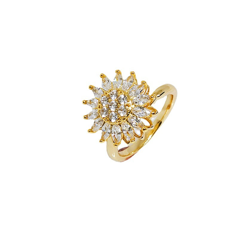 Rotating SUNFLOWER Full Diamond Sunflower Ring Product information: Type: Ring Color: gold rotating sunflower ring, rose gold rotating sunflower ring, White Gold color rotating sunflower ring Size: adjustable opening Style: Women's Material: Metal Popular