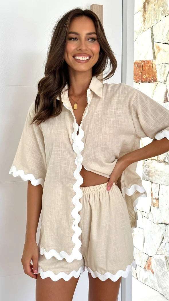 2Pcs Summer Shirt Suit With Short-sleeved V-neck Shirt And Shorts Fashion Wave Print Suits For Womens Clothing Product information: Material:Polyester Size Information: Note: 1. Asian sizes are 1 to 2 sizes smaller than European and American people. Choos