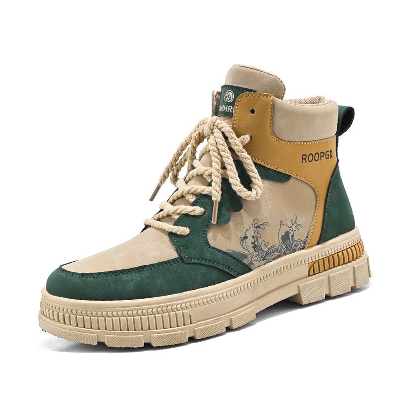 Men's Lace-up High-top Boots Product information: Color: YG-599-1 Paisley, YG-599-1 White Green, YG-599-1 beige Green Heel height: flat heel Size: 39, 40, 41, 42, 43, 44 Shoe Upper material: artificial pu Applicable Gender: Male Size: Packing list: Men's