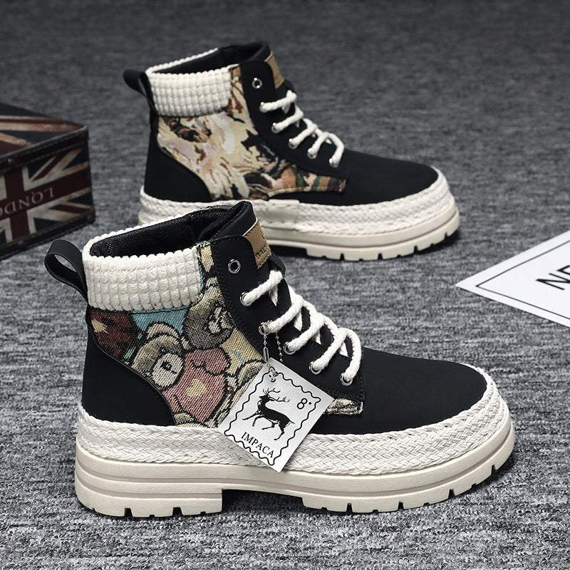 Men's Casual All-match Worker Boot High-top Shoes Product information: Pattern: Graffiti Sock length: high cylinder Heel shape: square heel Size: 39,40,41,42,43,44,45,46,47,48 Popular elements: sewing line Toe holder shape: round head Shoe Upper material: