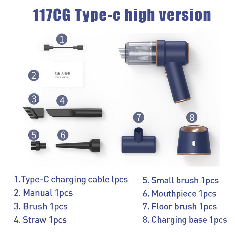 Home Car Handheld Wireless Charging Vacuum Cleaner Product information: Material: ABS Rated speed: 35000 (r/min) Rated voltage: 7.4 (V) Rated input power: 120 (W) Main scope of application: car, home Vacuum suction: 8000 (mbar) Battery capacity: 2*2000mah
