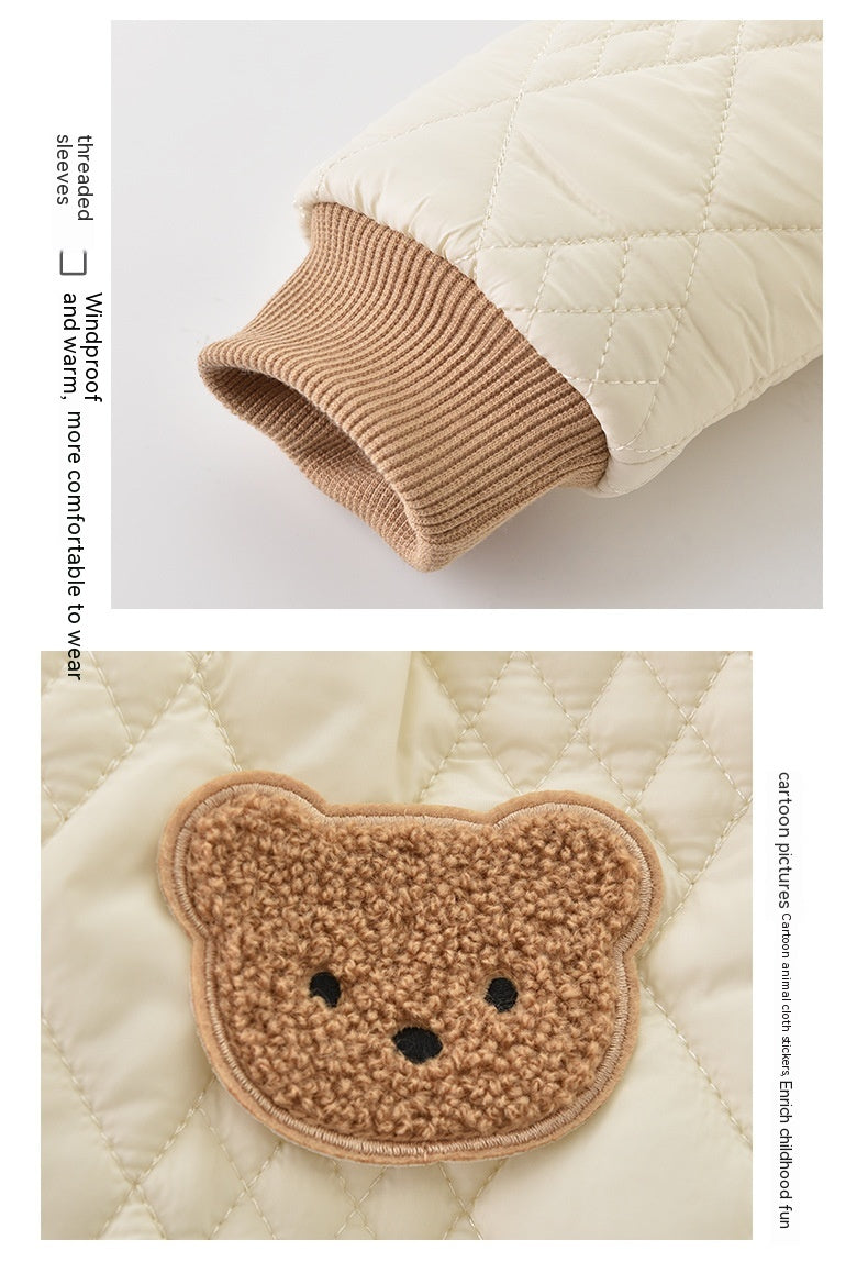 Cotton Padded Thickened Autumn And Winter Baby Jumpsuit Product information: Thickness: thickening Fabric name: Polyester Fiber Closed style: single-breasted Color: quilted quilted bear head coffee, quilted quilted bear black head Main fabric composition: