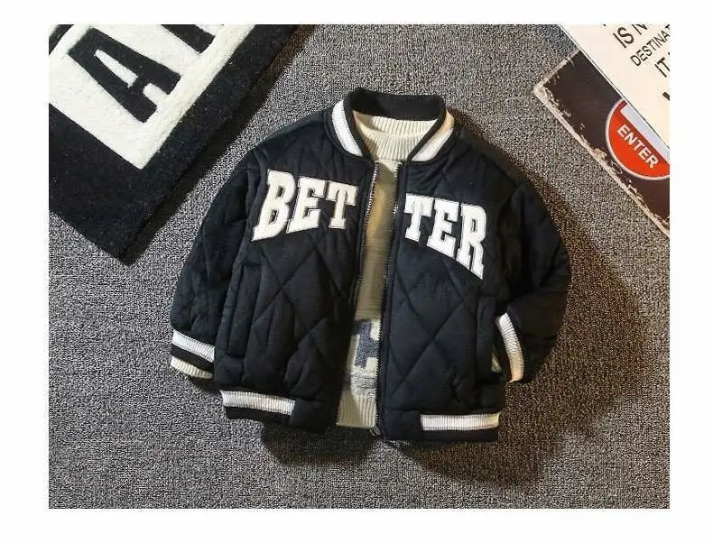 Kinder Baseball "BETTER" Bomber Jacket Give your baby or toddler a unique look with Kinder Baseball's "BETTER" Bomber Jacket! This product is crafted from the highest quality materials, boasting clean lines and ABSOLUTE style to keep your kid warm on chil