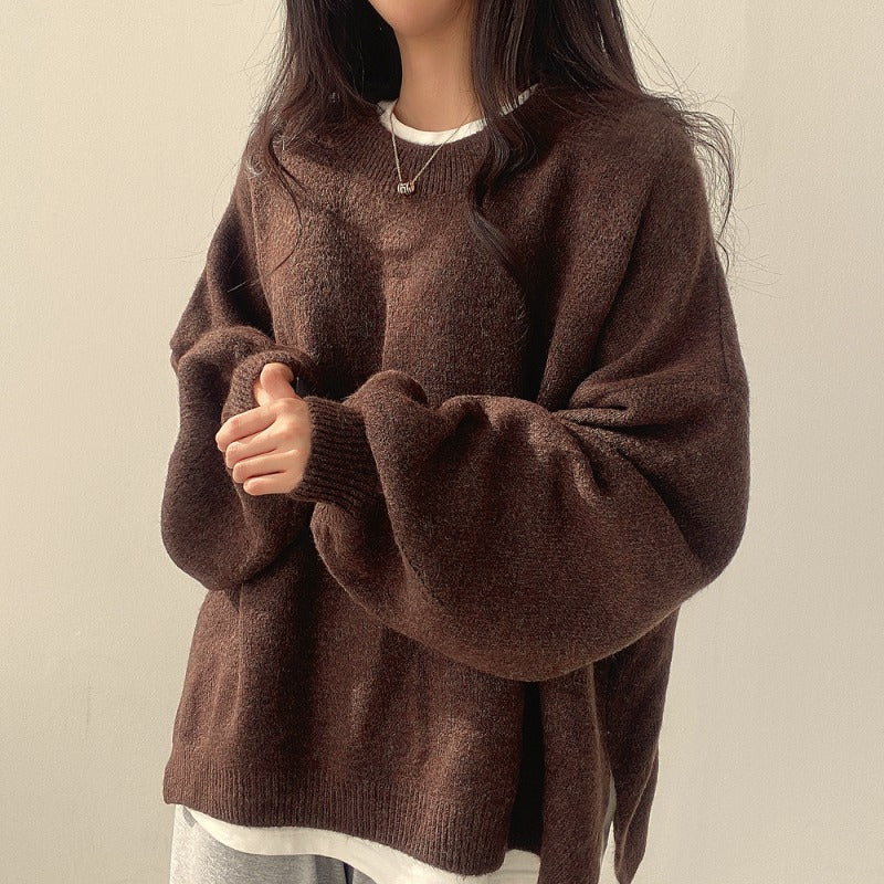 Crewneck Pullover Lantern Sleeve Loose Sweater Woman Product information: Material: wool Size: Average size Color categories: Dark grey, Khaki, coffee Size Information: Average size Packing list: Sweater*1pc Product Image: Crewneck Pullover Lantern Sleeve