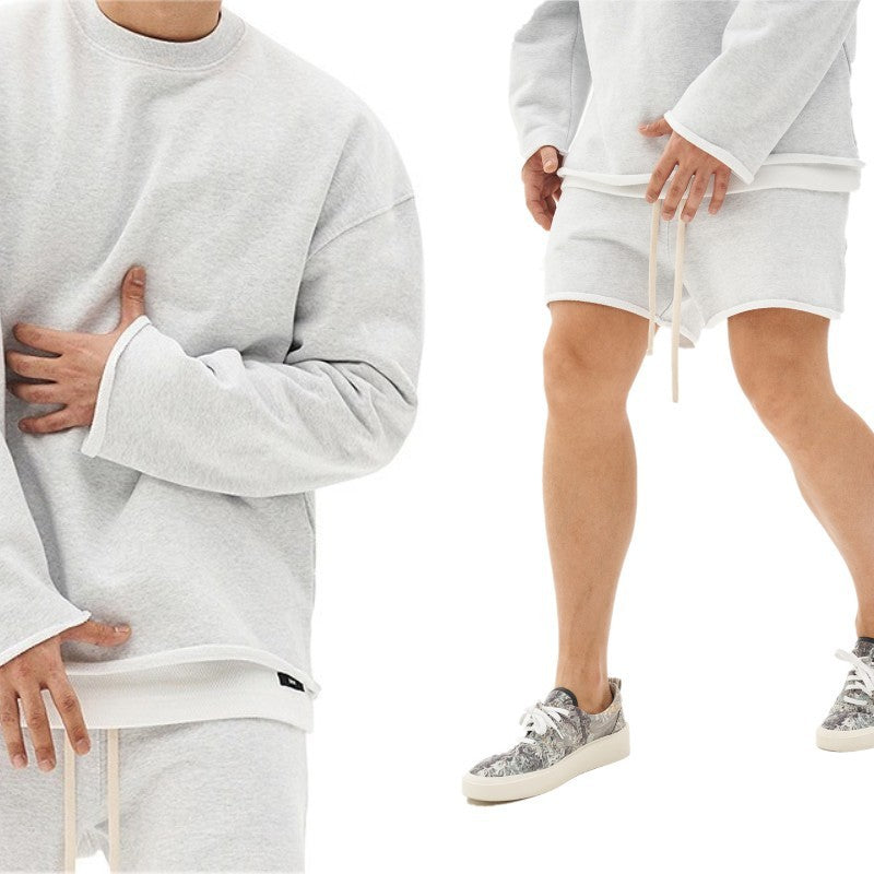 Sports Training Set Sweater Men's Shorts Suit Running Loose Long Sleeve Frayed Top Product information: Color: black suit, gray suit, white and gray suit, khaki suit, beige suit Size: M,L,XL,XXL,XXXL Removable or not: undetachable Fabric name: Cotton Appl