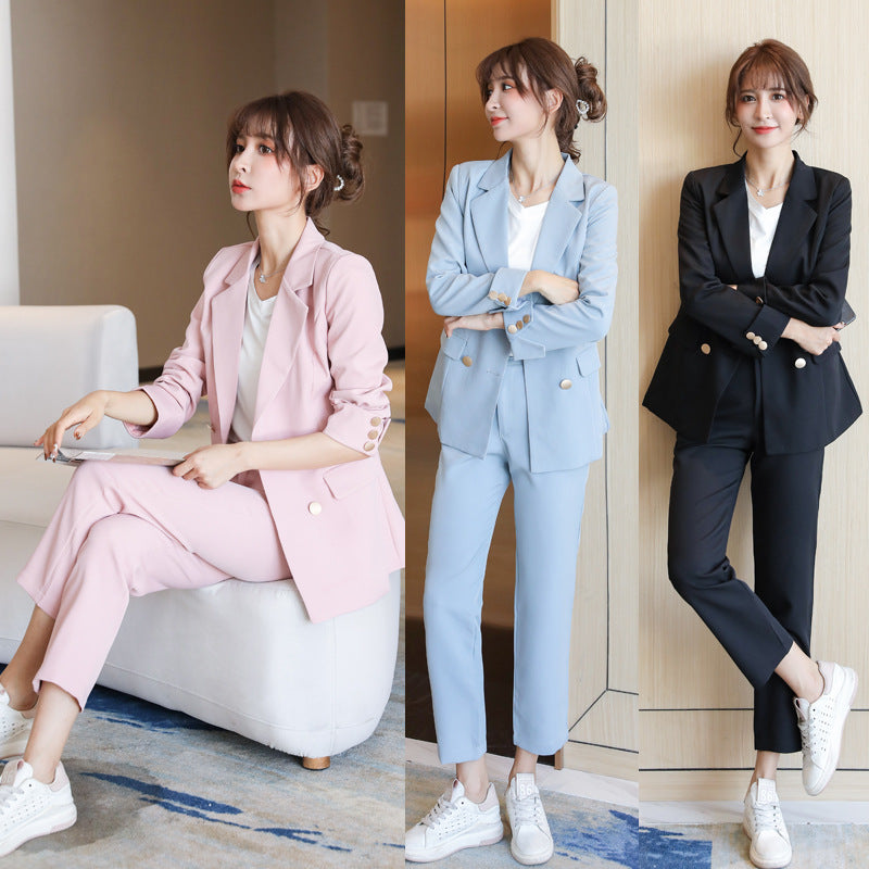 Women's Spring Autumn Elegant Blazer Pant Suits Product information: Material: polyester fiber Style: fashion and simplicity Features:Solid color Colour: black two-piece, blue two-piece, pink two-piece, apricot two-piece, grey two-piece Size Information: